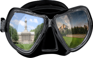 scuba mask with a picture of
            Penn State's Old Main building in one lense and a picture of
            Beaver Stadium in the other